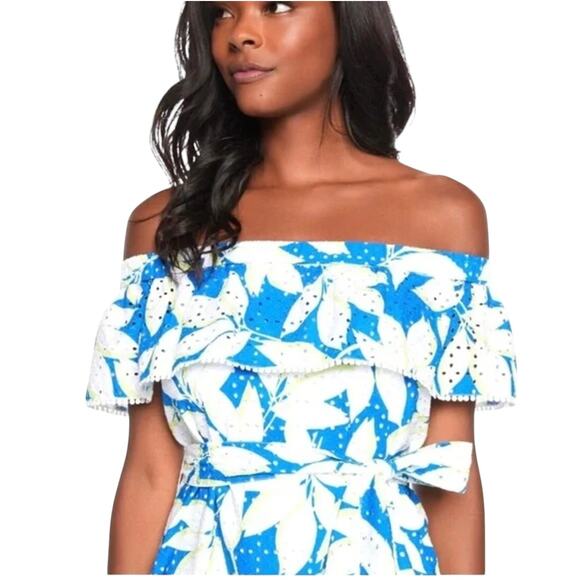 Draper James Sapphire Blue Eyelet Off The Shoulder Midi Flounce Dress - Picture 3 of 12